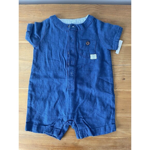 Carters Just One You Linen Blend Blue Romper Boys Newborn Lightweight Preppy - Picture 1 of 5
